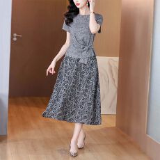 批发【彩棉拉架+四面弹】夏季新款时尚<b class='q'>大码</b>套装女半身裙短袖t恤两件套