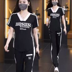 批发美式<b class='q'>时尚</b>套装女夏季新款气质减龄洋气显瘦短袖休闲裤子两件套