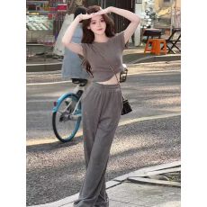 批发美式重工烫钻休闲套装女夏季新款<b class='q'>时尚</b>洋气短袖阔腿裤两件套