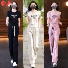批发新款夏季<b class='q'>胖</b><b class='q'>MM</b><b class='q'>短袖</b>阔腿裤<b class='q'>大码</b>两件套女时尚洋气减龄运动休闲套装