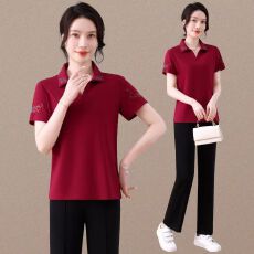 批发翻领休闲妈妈服套装2026夏装气质运动短袖<b class='q'>新款</b>中老年人洋气两件套