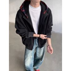 批发纯棉华棉薄款水洗做旧 宽松假两件连帽卫衣<b class='q'>男</b>女外套复古开衫美式