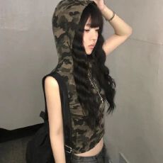 批发纯欲迷彩美式设计吊带背心<b class='q'>夏</b>季辣妹外穿新款修身复古短款无袖上衣