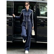 批发仿棉斜纹拉架250克运动套装女春秋季修身立领外套阔腿裤两件套