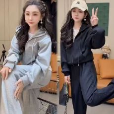批发仿棉斜纹拉架250克休闲运动套装女春秋连帽卫衣镶钻时尚两件套