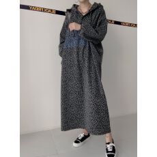 批发韩系复古字母豹纹印花连帽卫衣<b class='q'>连衣裙</b>女秋季韩版宽松休闲长裙