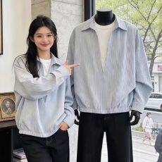 批发时尚新款春季复古竖条纹长袖<b class='q'>衬衫</b>男女潮牌情侣宽松高级感休闲<b class='q'>衬衣</b>