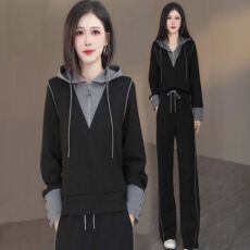 批发仿棉斜纹拉架250克 连帽休闲套装女春<b class='q'>秋</b>季长袖阔腿裤运动两件套
