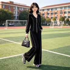 批发仿棉斜纹拉架250克 运动套装女春<b class='q'>秋</b>时尚连帽卫衣休闲阔腿两件套