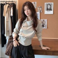批发秋冬斜门襟条纹上衣女不规则翻领收腰长袖韩系通勤百搭<b class='q'>衬衫</b>小衫