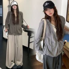 批发软糯连帽卫衣外套女秋季假两件新款宽松显瘦松弛慵懒风磨毛上衣