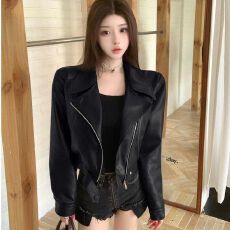 批发黑色皮衣外套女短款小个子2025<b class='q'>春</b>秋季复古机车服港风气质pu皮夹克