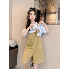 批发【有送公仔】<b class='q'>女童</b><b class='q'>背带裤</b>套装夏装2025新款短袖女孩韩版洋气两件套