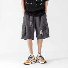 批发高街vibe破洞牛仔短裤男夏季美式潮流分中裤运动休闲宽松大裤衩