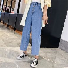 批发四扣破洞直筒裤女显瘦学生宽松原宿bf九分老爹裤高腰<b class='q'>牛仔裤</b>女新款