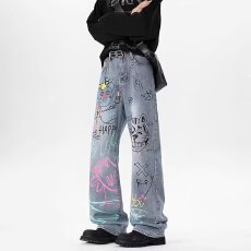 批发港风潮男<b class='q'>夏</b>季新款2025个性字母牛仔裤嘻哈ins潮高街潮流痞帅长裤