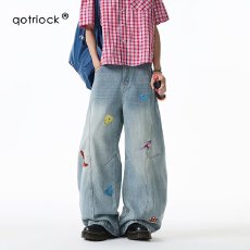 批发港风潮男<b class='q'>夏</b>季新款2025个性字母牛仔裤嘻哈ins潮高街潮流痞帅长裤