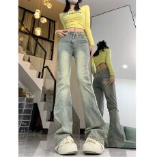 新款时尚显瘦修身马蹄喇叭裤设计感水洗高腰喇叭牛仔裤女秋季