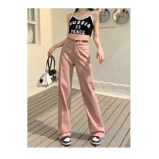 批发清仓价脏粉色毛边阔腿<b class='q'>牛仔裤</b>女春秋季年新款高腰<b class='q'>显瘦</b>直筒宽松裤