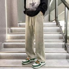 批发美式黄泥牛仔裤男夏季宽松直筒黄河色水洗阔腿长<b class='q'>裤子</b>