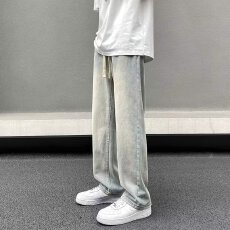 美式黄泥牛仔裤男夏季宽松直筒黄河色水洗阔腿长裤子