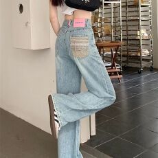 批发蓝色直筒牛仔<b class='q'>裤</b>女<b class='q'>夏季</b>新款高腰垂感阔腿宽松显瘦设计感拖地<b class='q'>裤</b>子潮