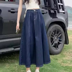 批发蓝色牛仔半身裙女2026春夏新款高腰宽松显瘦大摆伞裙中长款a字裙