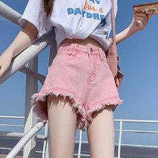 批发美式辣妹牛仔短裤女夏季设计感小众修身性感<b class='q'>高腰</b>a字毛边热裤