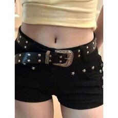 批发黑色铆钉设计牛仔超短裤女夏季新款<b class='q'>高腰</b>修身显瘦弹力a字包臀热裤