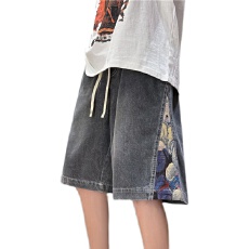 批发牛仔<b class='q'>短裤</b><b class='q'>男</b>女宽松直筒ins炸街拼接休闲复古五分裤夏季学生中裤子