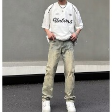 批发气质夏季<b class='q'>牛仔裤</b>纽扣男宽松直筒ins潮流长裤新款水洗潮青春流行