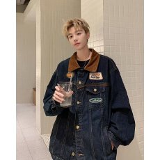 批发美式复古情侣装春<b class='q'>秋</b>新款牛仔外套男贴标潮牌翻领宽松上衣高街夹克