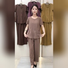 批发夏季时尚妈妈套装女士2025年新款<b class='q'>大码</b>气质显瘦洋气减龄纯色两件套