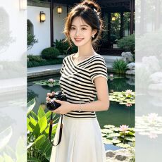 批发辣妹条纹短袖上衣时尚洋气小衫百搭气质减打底衫夏季新款薄款上衣