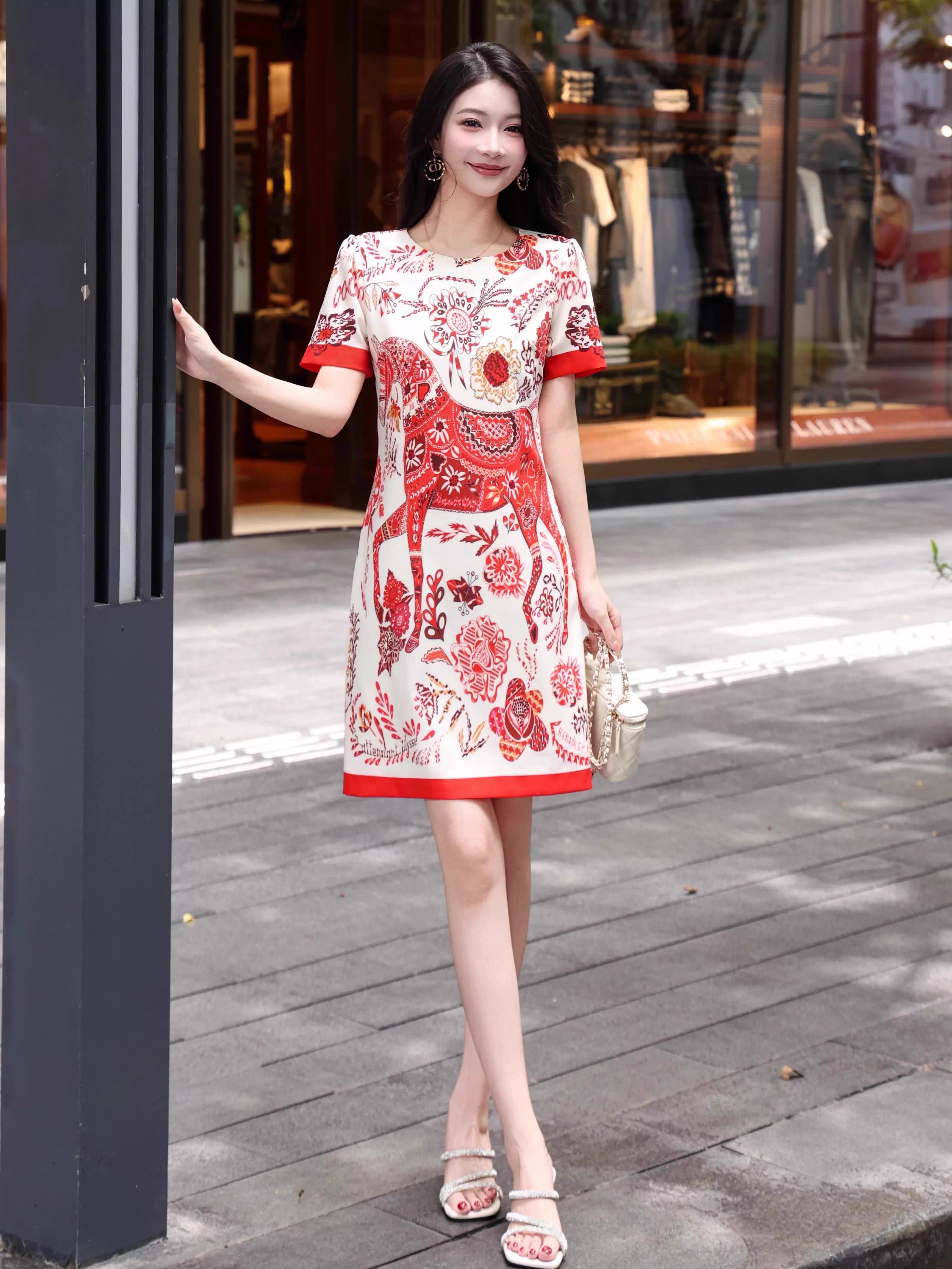 RY650# 2026夏季新南油欧货轻奢名媛风重工印花圆领短袖宽松版A字连衣裙