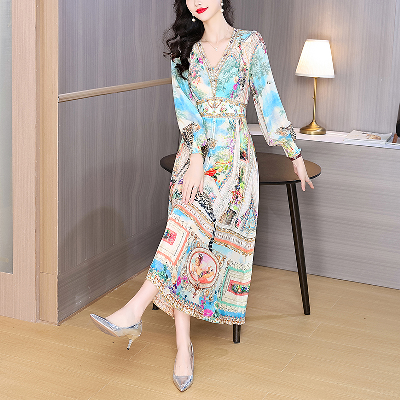 RY3167# 真丝连衣裙春2026新款度假风法式复古印花裙桑蚕丝收腰气质...