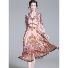 批发真丝<b class='q'>连衣裙</b>春2026新款高贵轻奢复古印花裙端庄大气桑蚕丝女神范裙