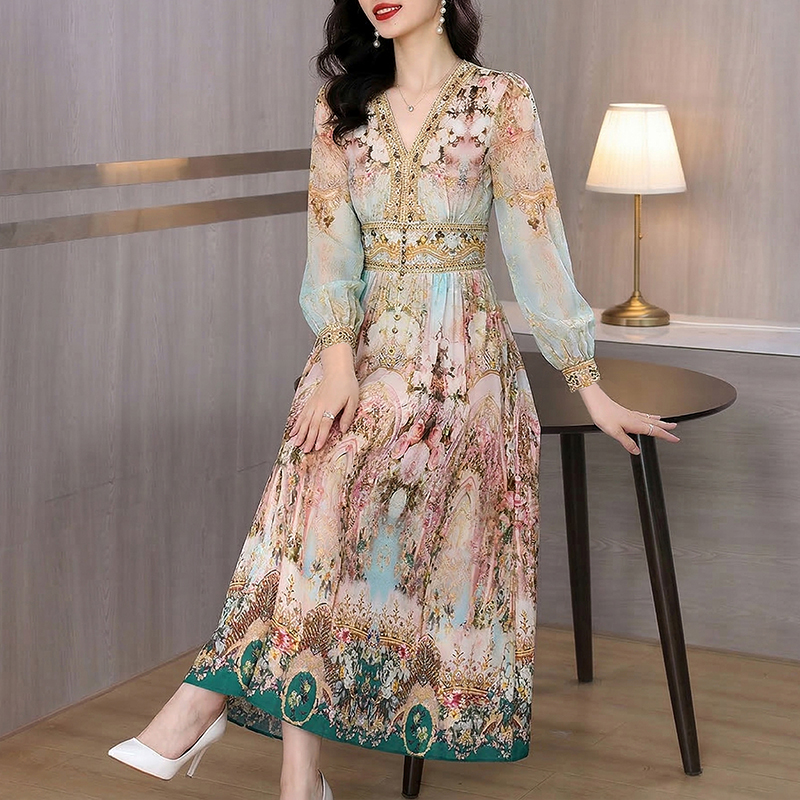 RY3169# 2026新款桑蚕丝印花连衣裙女春装高端轻奢真丝品质收腰V领...