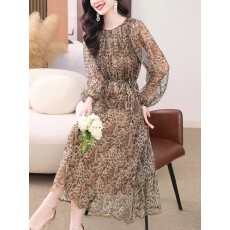 批发真丝<b class='q'>连衣裙</b>春2026新款高端贵夫人复古豹纹收腰裙<b class='q'>桑蚕丝</b>欧货气质裙