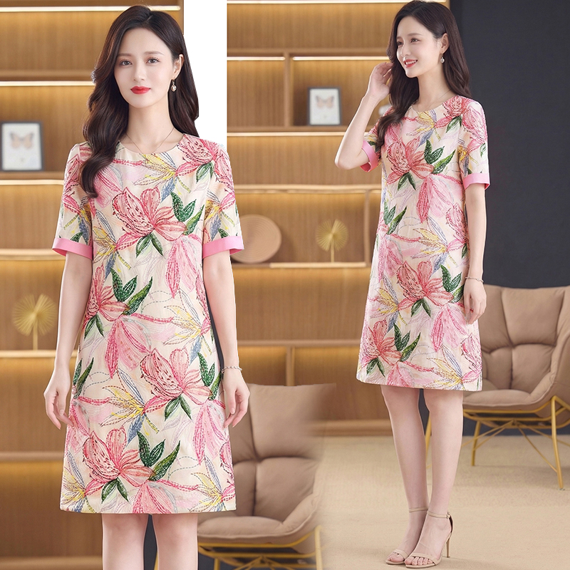 RY3165# 高级感线条百合花2026夏季新款女装精棉重工订珠圆领短袖连...