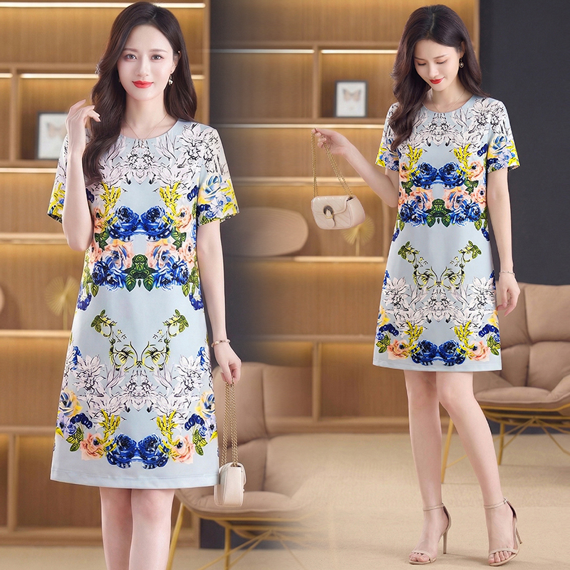 RY3166# 唯美风时尚蓝色玫瑰定位印花裙2026夏季女装高级感舒适钉珠...