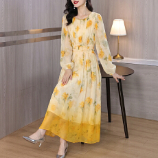 批发高端真丝长<b class='q'>裙</b><b class='q'>2026</b>夏季新款桑蚕丝花朵印花温柔浪漫长袖