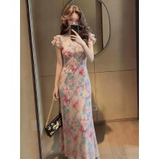批发法式氛围感油画风V领<b class='q'>连衣裙</b>女2026夏季海边穿搭斜裁<b class='q'>修身</b>显瘦长裙