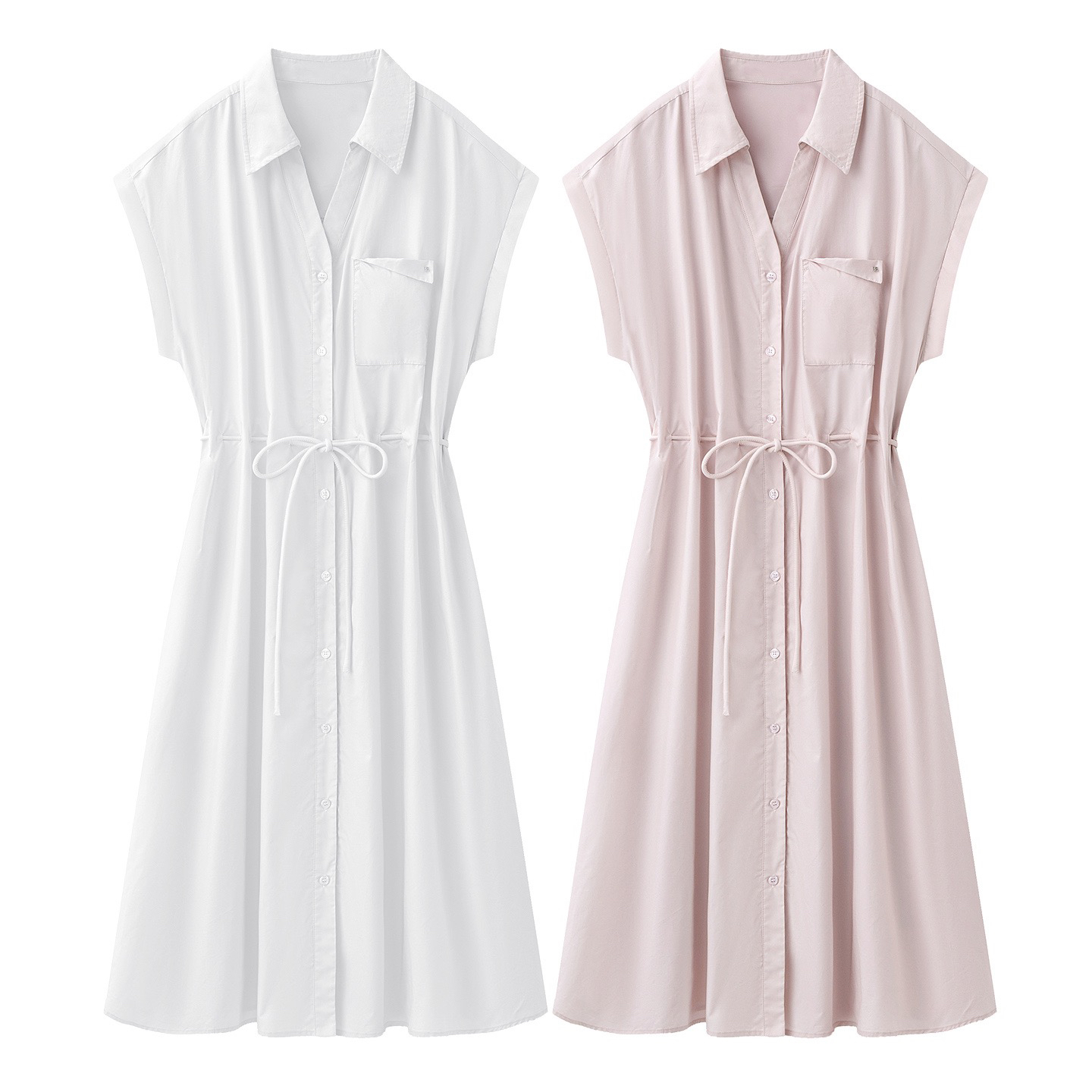 BY28766# 白底系带优雅连衣裙女夏季新款通勤无袖衬衫裙子 服裝批發女裝批發服飾貨源