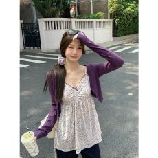 批发早春超漂亮紫色碎花吊带a字背心+长袖<b class='q'>开衫</b>外套