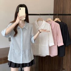 批发实拍大码女装假两件镂空蕾丝拼接衬衫女夏季胖mm百搭休闲显瘦开衫
