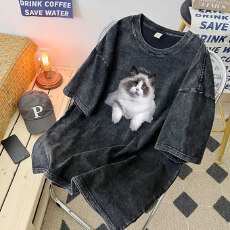 批发220克精梳纯棉洗水黑落肩宽松版型后包边短袖T恤印花款