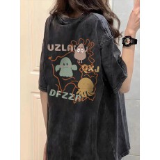 批发220克精梳纯棉洗水黑落肩宽松版型后包边短袖T恤印花款