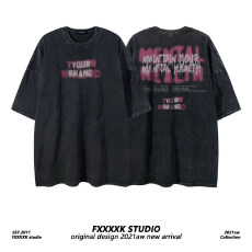 批发220克精梳纯棉洗水黑落肩宽松版型后包边短袖T恤印花款