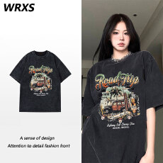 批发220克精梳纯棉洗水黑落肩宽松版型后包边短袖T恤印花款